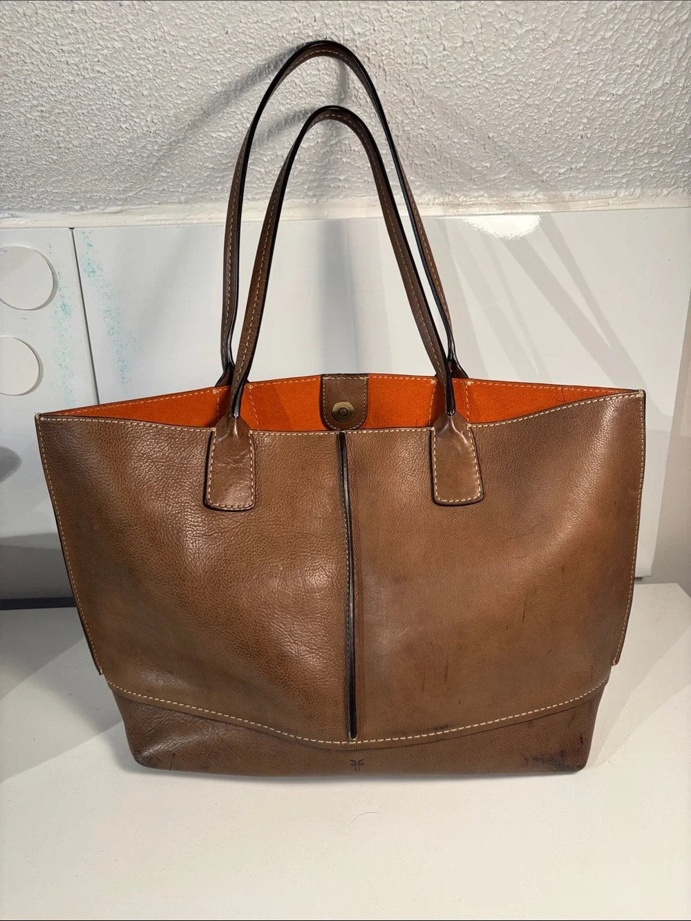 Frye Brown Leather Tote with Orange Interior - Picture 1 of 9